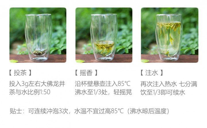 Original Chinese-labelled Dafo Longjing brewing illustration with English conditions