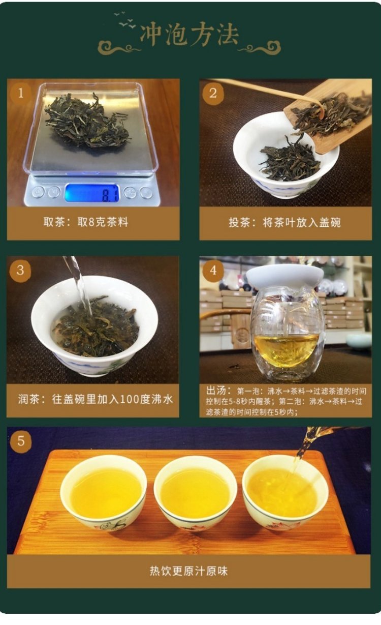 Original Chinese-labelled Huangpian Pu-erh brewing illustration with English conditions
