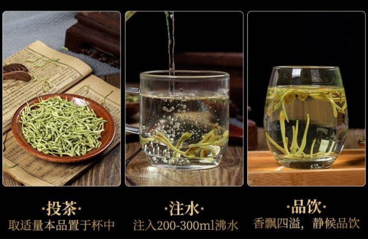 Original Chinese-labelled Honeysuckle Flower Tea brewing illustration with English conditions