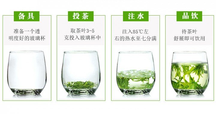 Original Chinese-labelled Rizhao Green Tea brewing illustration with English conditions