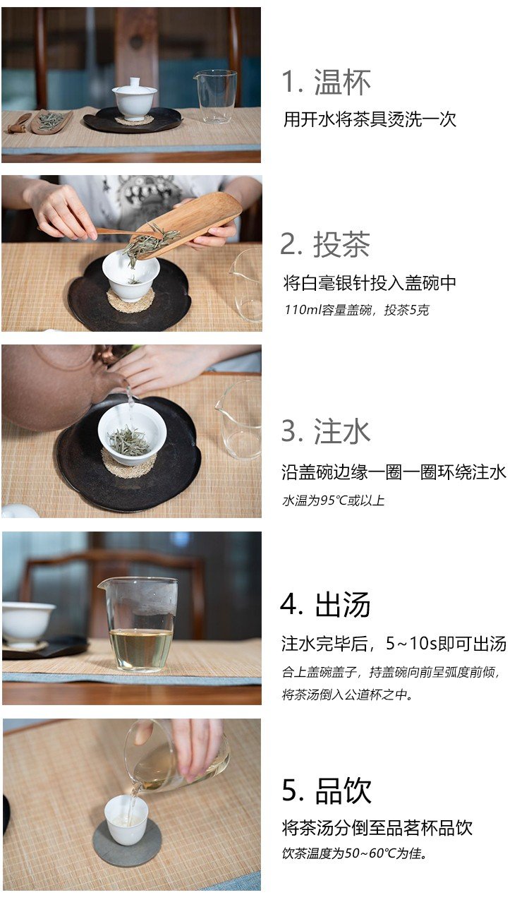 Original Chinese-labelled Zhenghe Silver Needle brewing illustration with English conditions
